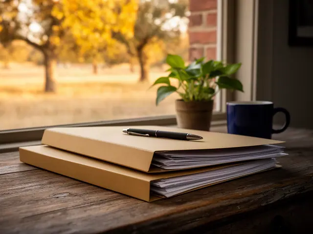 A neat stack of closed manila folders and a pen on a desk by a window.