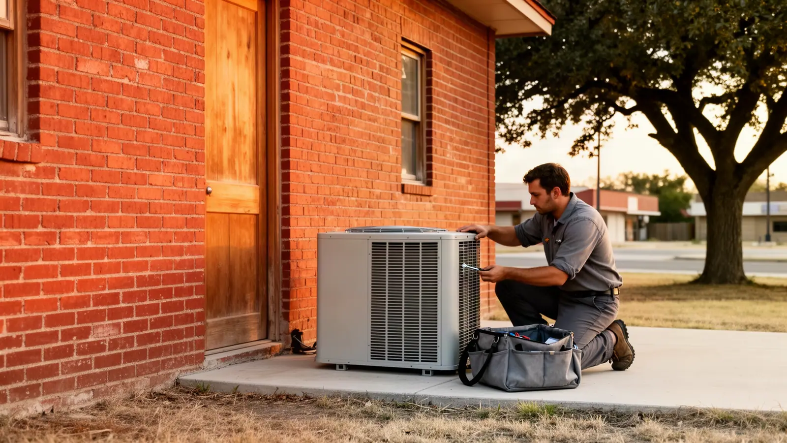 An HVAC contractor kneeling at an air-conditioning condenser beside a brick building at golden hour.