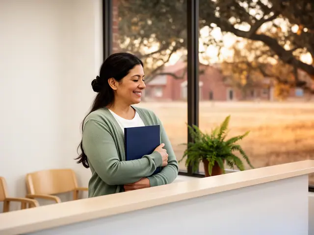 A clinic office manager holding a folder behind a reception counter.